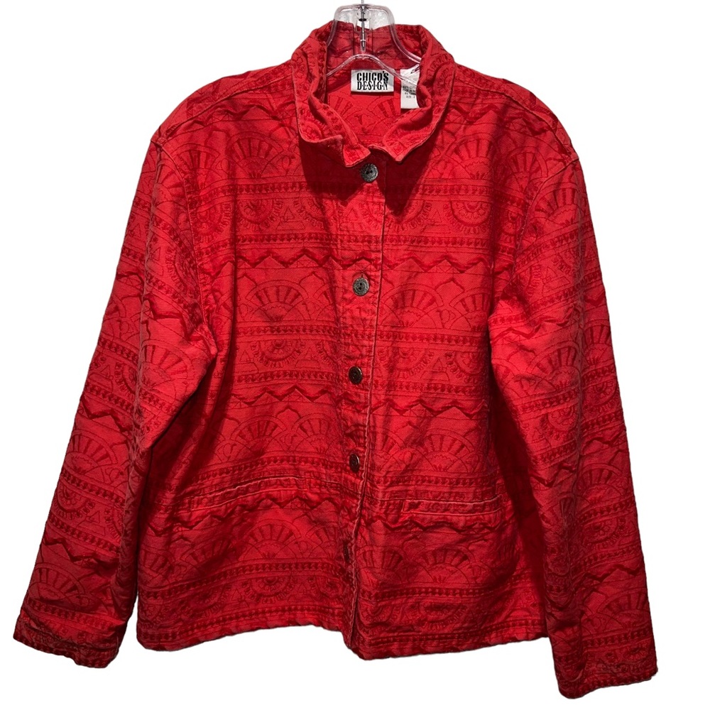 Chico's vintage red cotton embroidered jacket with metal buttons